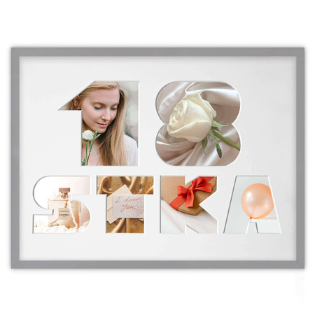 Ramka na 18-ste urodziny 30x40 cm w kolorze szarym z białym passe partout