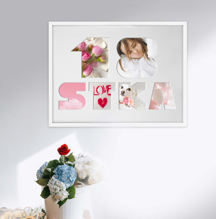 Ramka na 18-ste urodziny 30x40 cm w kolorze białym z białym passe partout