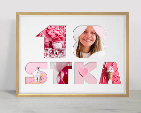 Ramka na 18-ste urodziny 30x40 cm w naturalnego drewna z białym passe partout