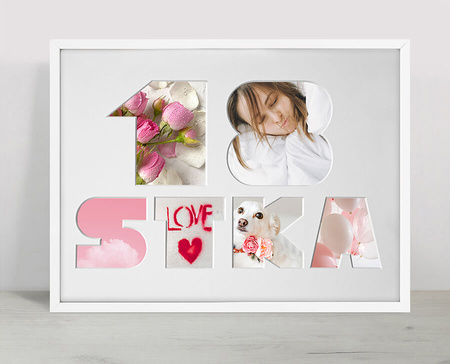 Ramka na 18-ste urodziny 30x40 cm w kolorze białym z białym passe partout