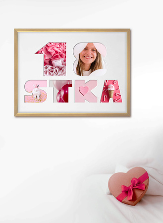 Ramka na 18-ste urodziny 30x40 cm w naturalnego drewna z białym passe partout