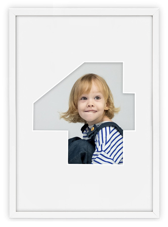 Ramka na zdjęcia CYFERKA "4" 21x30 cm biała z białym passe partout