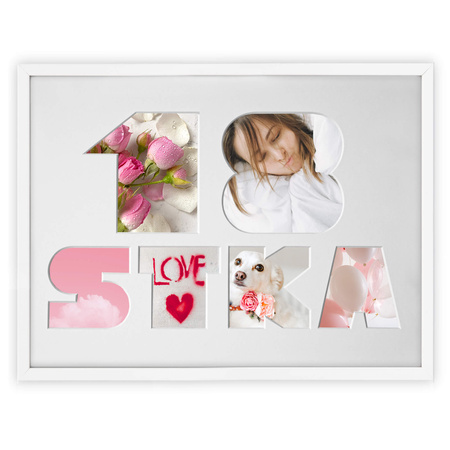 Ramka na 18-ste urodziny 30x40 cm w kolorze białym z białym passe partout